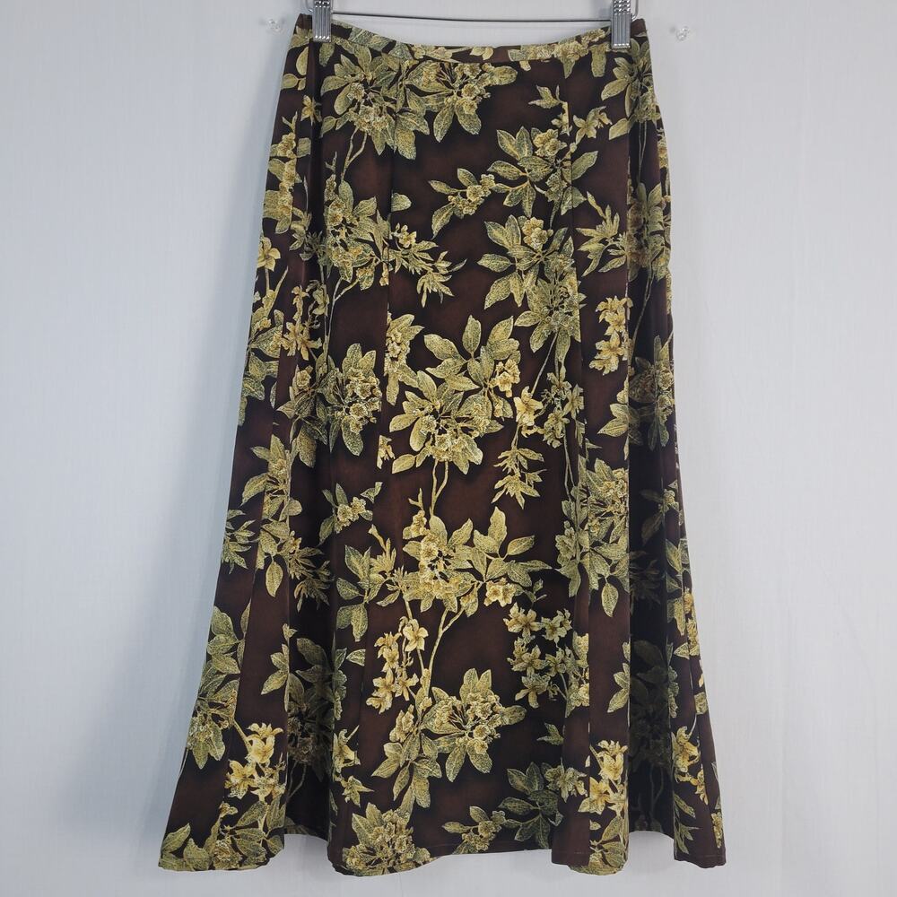 Vintage Floral Aline Midi Skirt sz 6 Brown Green Earthy Forest Fairy 90s Cottage